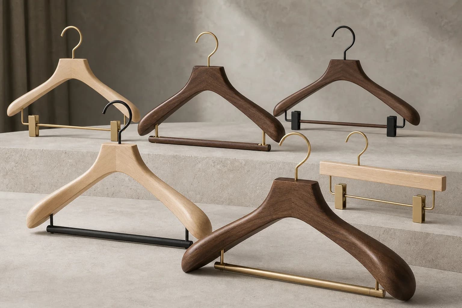 AI concept image of coordinated premium wood garment hanger profiles