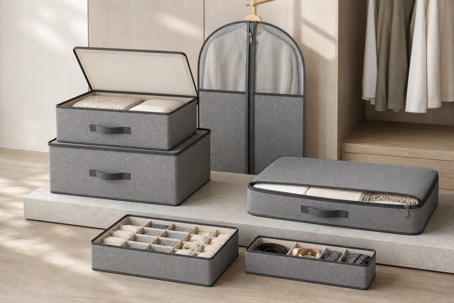 AI concept image of a coordinated premium closet storage assortment