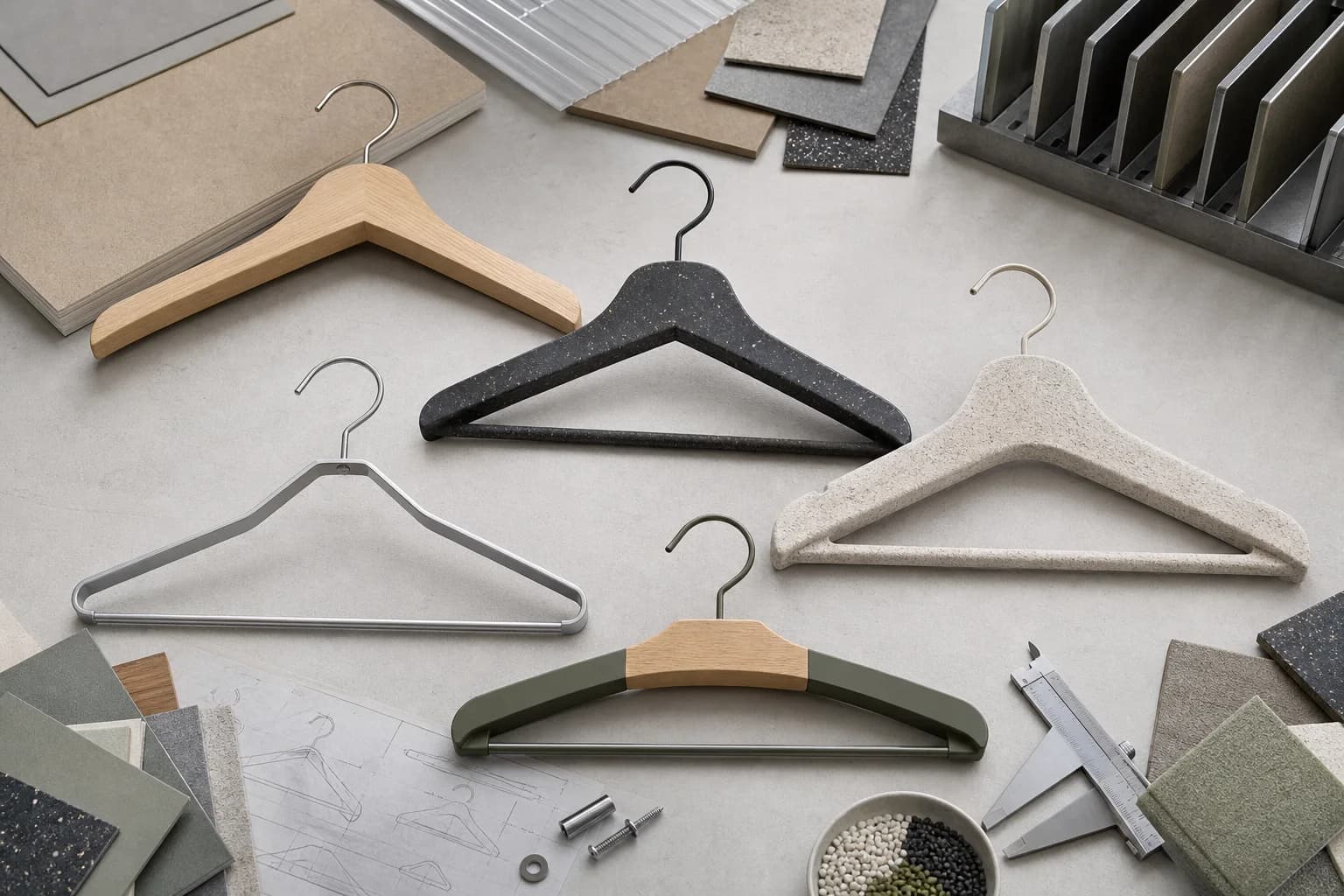 AI concept image of hanger prototypes made from different material directions