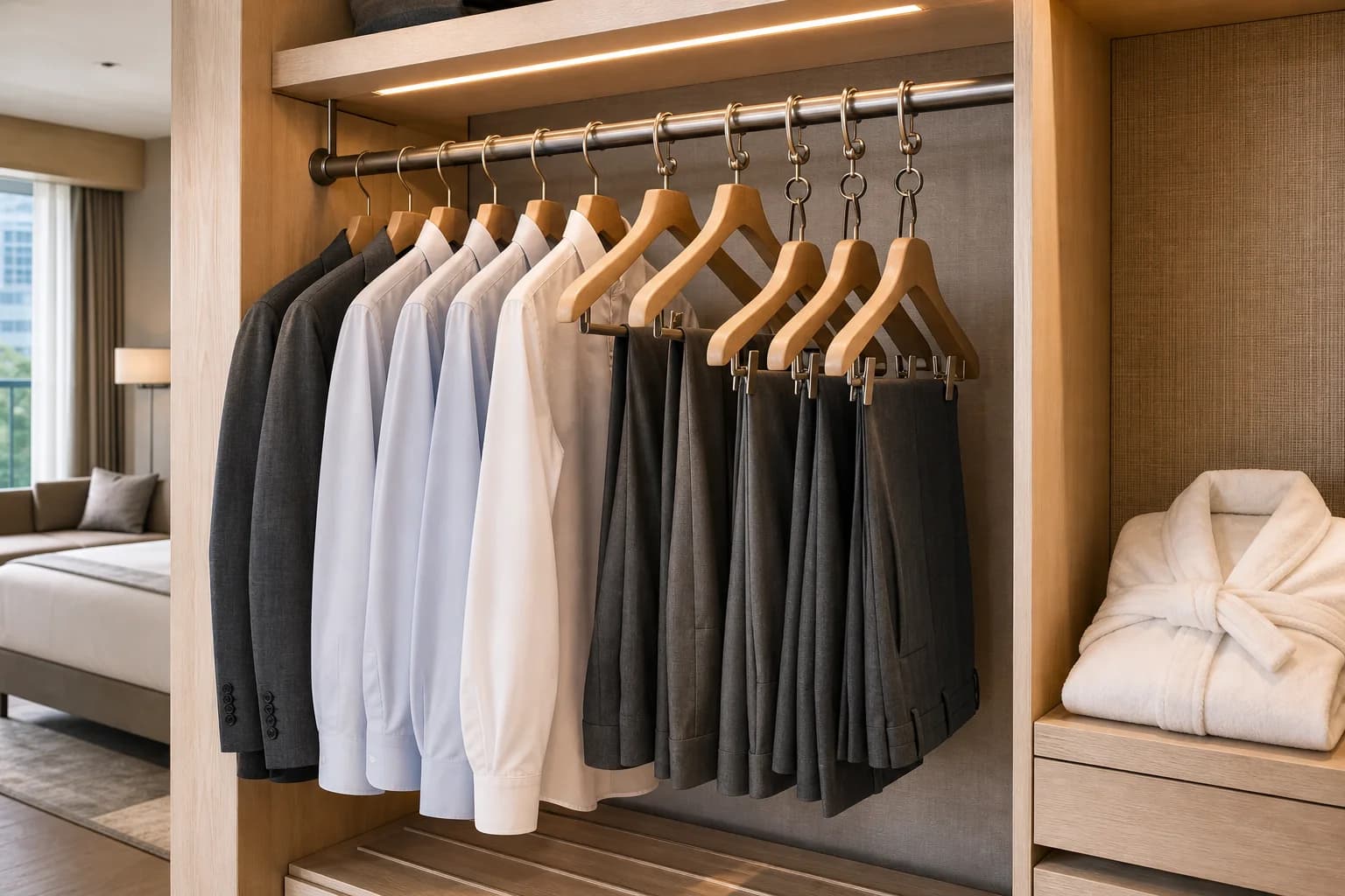 AI concept image of coordinated wooden hangers in a hotel wardrobe