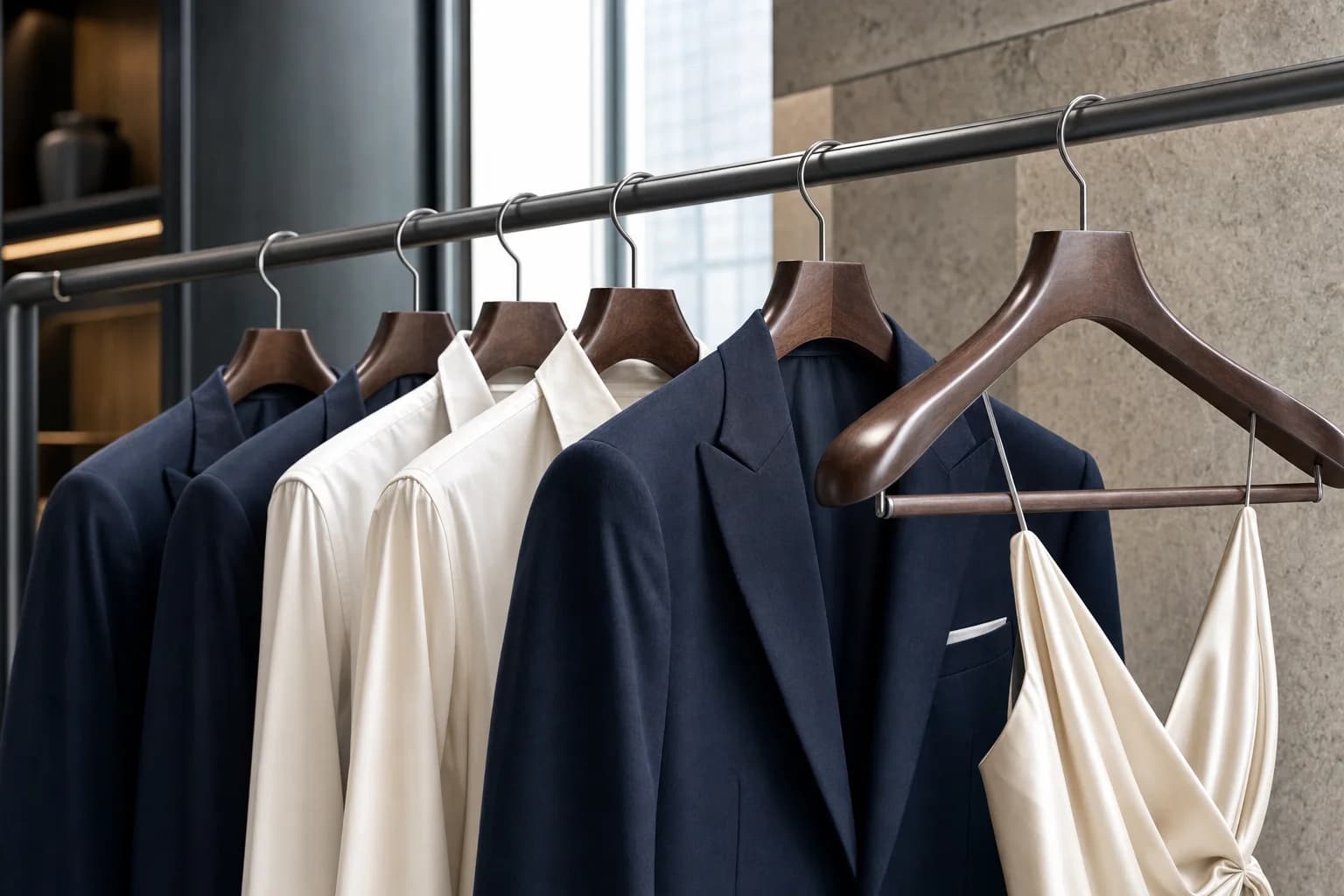 AI concept image of premium wooden hangers in a fashion showroom