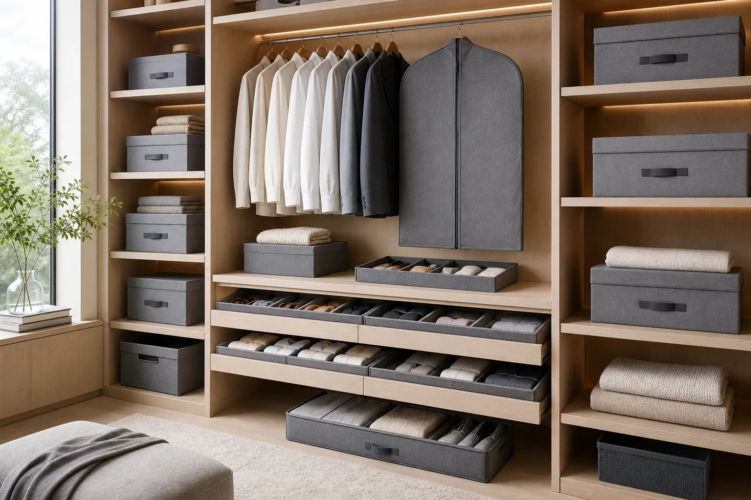 AI concept image of premium storage products in an organized wardrobe
