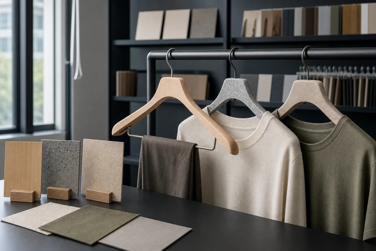 AI concept image of hanger material prototypes in a product review space
