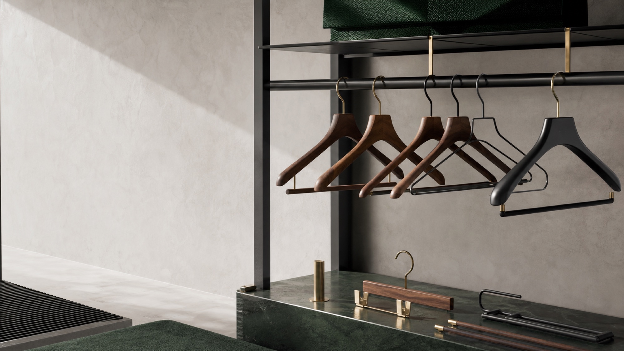 Conceptual showroom arrangement of premium wooden and metal hangers